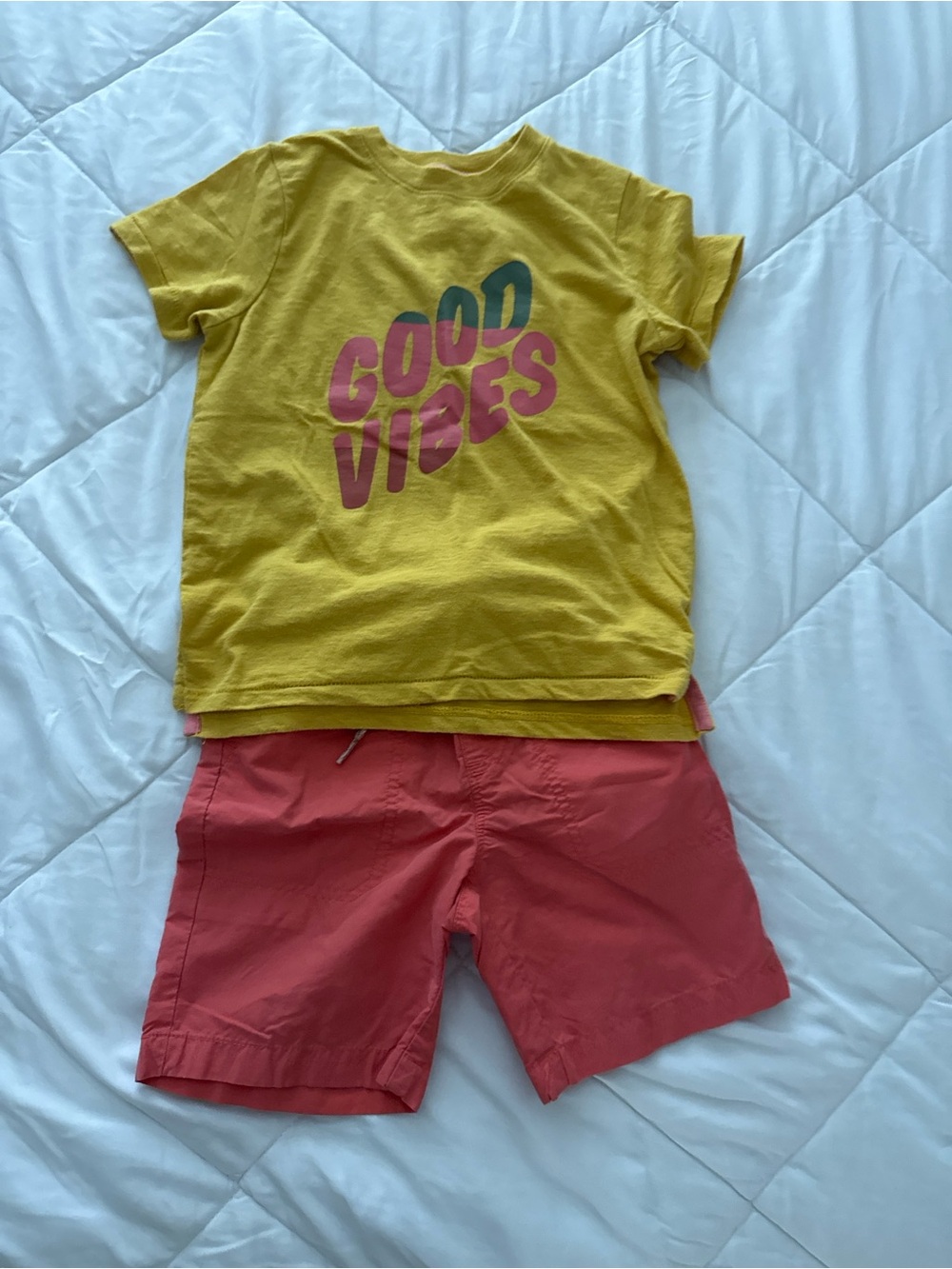 okie dokie Mustard 'Good Vibes' Tee with Coral Shorts